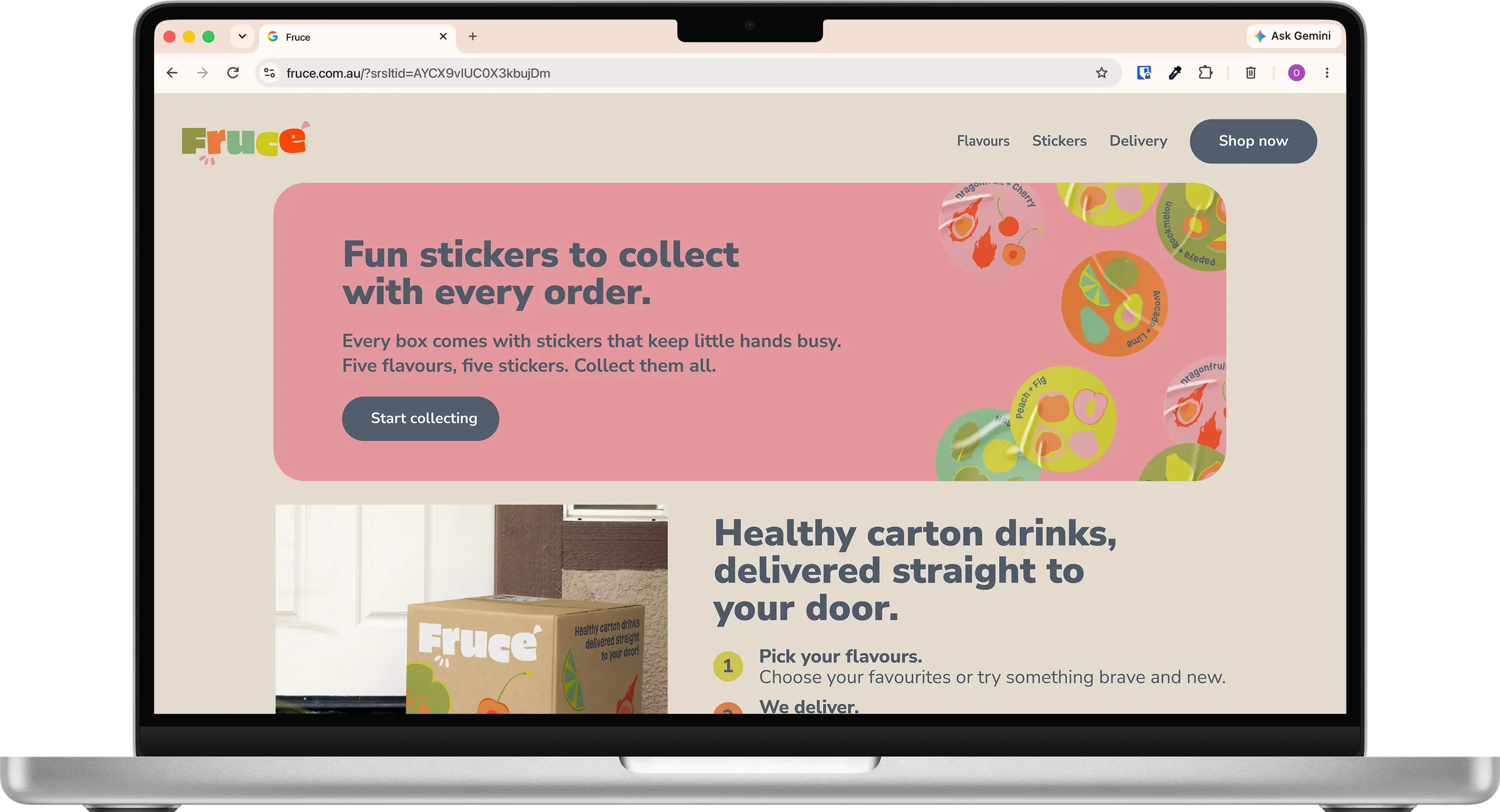 Fruce landing page sticker and delivery sections
