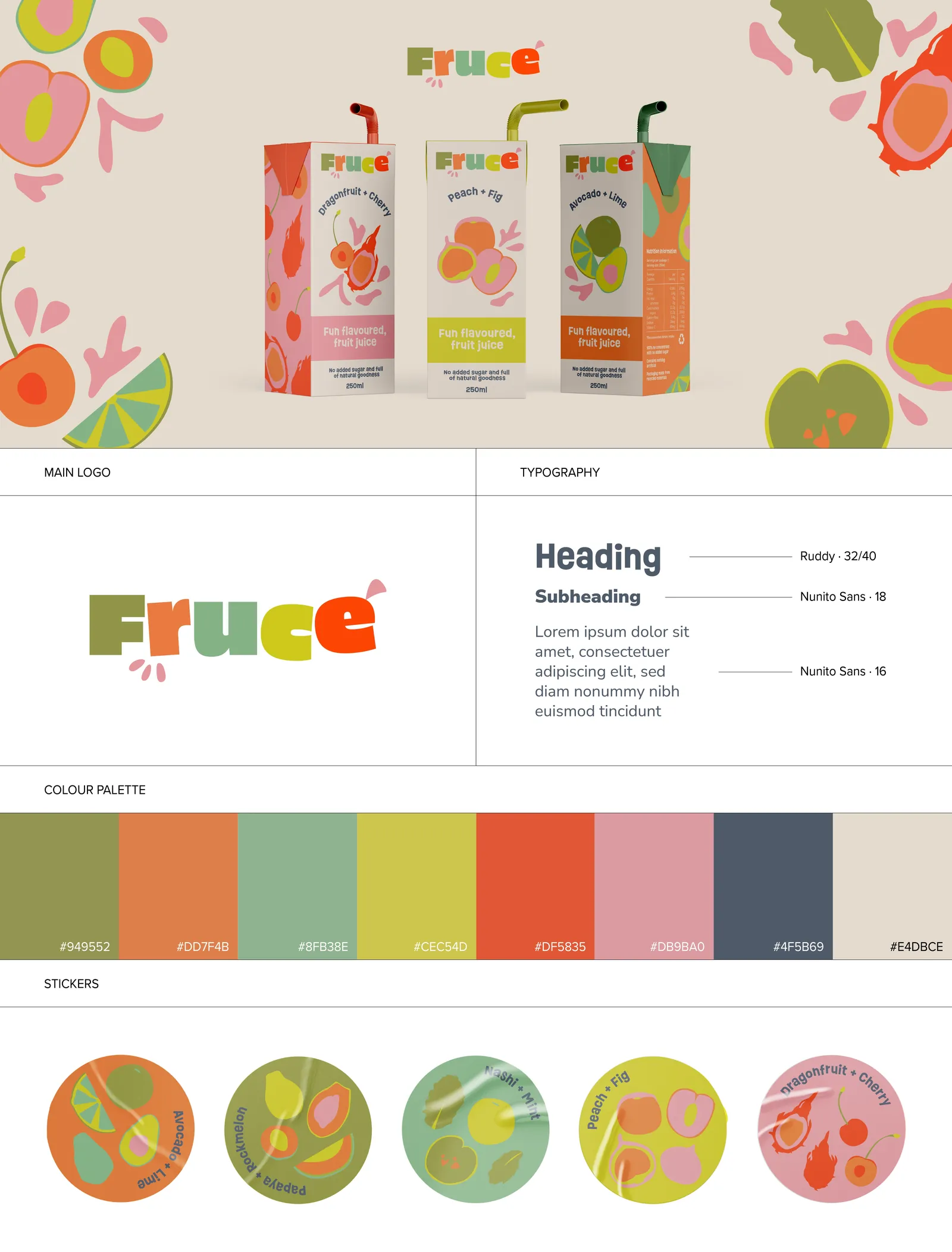 Fruce brand guide: logo, typography, colour palette and stickers